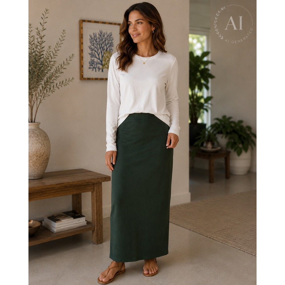 Quince 100% Mulberry Silk Maxi Skirt Forest Green Bias Cut Minimalist Boho Small